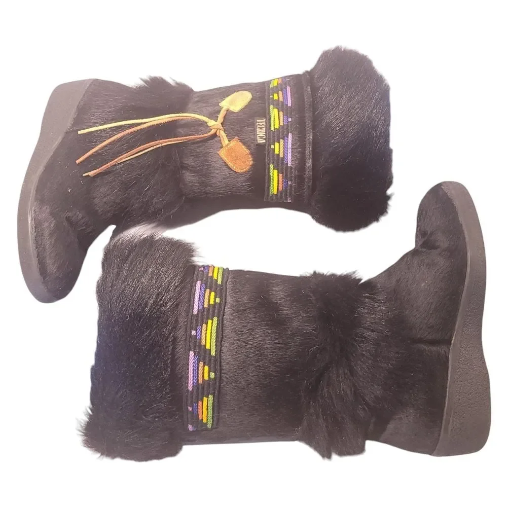 Tecnica Italian Black Full Fur Vintage Apres Ski Boots With Suede Tassel Womens
